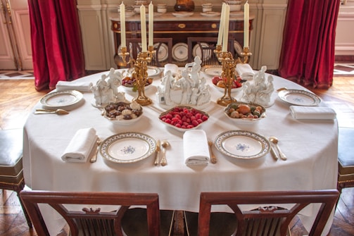 A beautifully set table prepared for a meal.