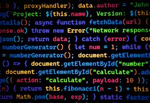 Colorful code scrolls across a dark background.