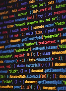 Programming code is shown in a colorful display.