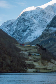 Houses sit peacefully beneath a snowy mountain.