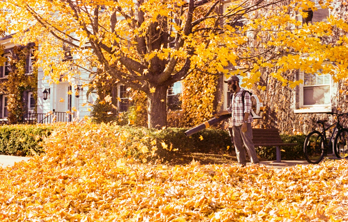 Man using a leaf blower to clear autumn leaves, illustrating small group volunteer projects in community service.
