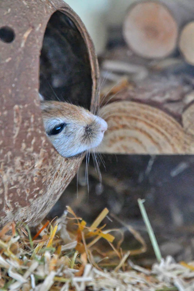 Gerbil peeking out of its coconut hideout.