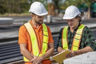 Construction workers review plans at a job site.