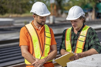 Construction workers review plans at a job site.