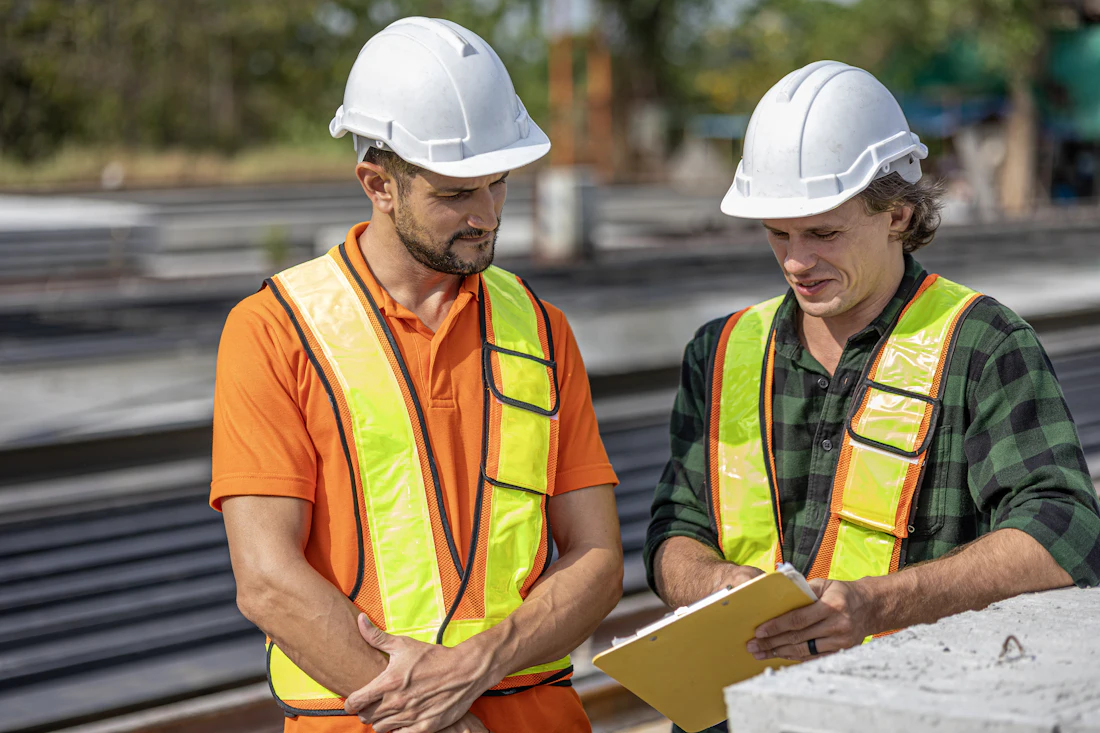 Construction workers reviewing plans together at a job site