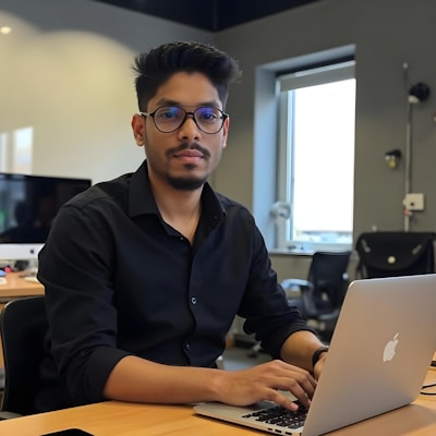 A man is working on a laptop.