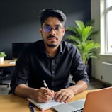 A man is writing at a desk.