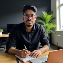 A man is writing at a desk.