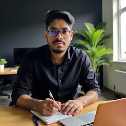 A man is writing at a desk.