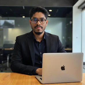 A man works on a laptop in an office.