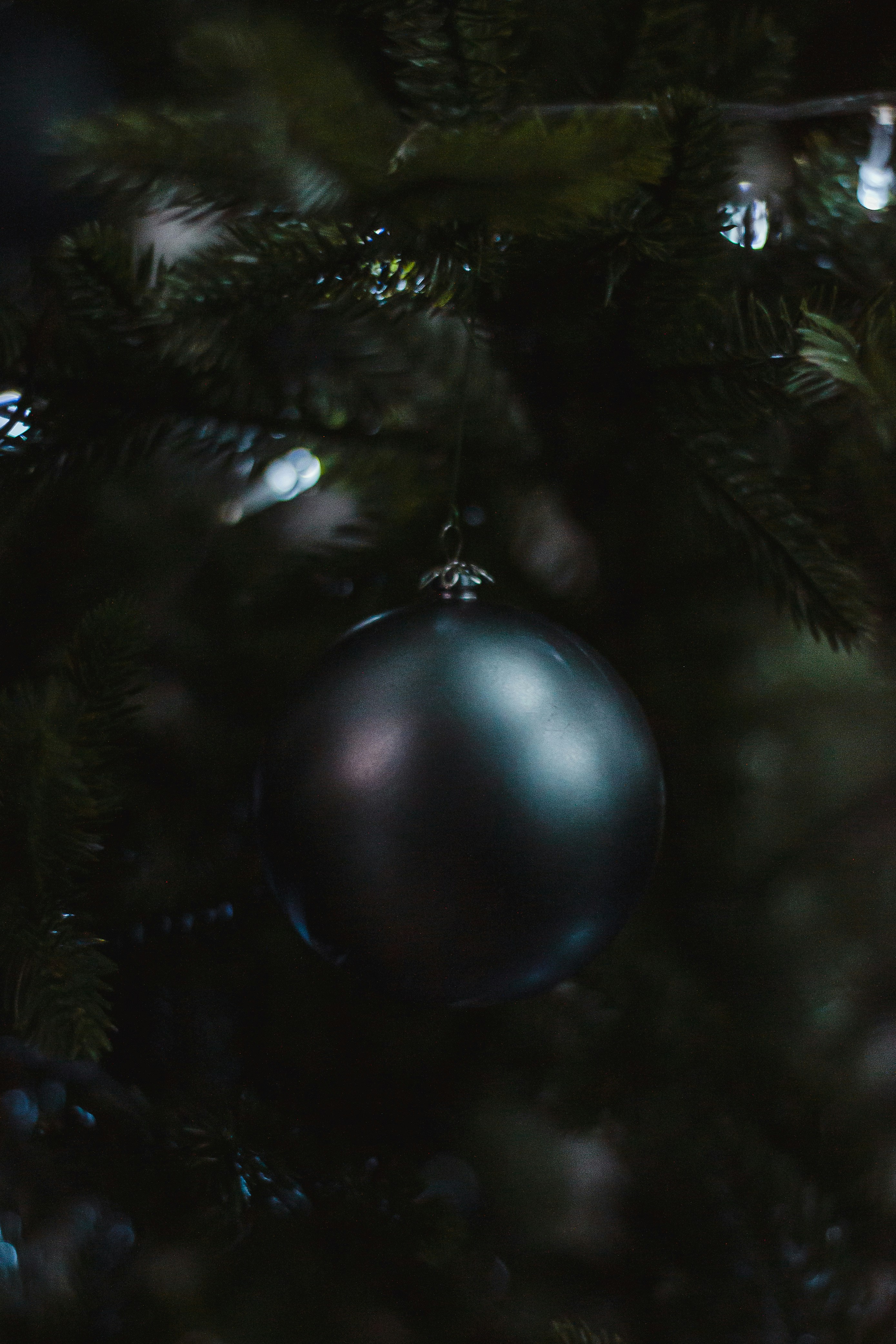 A dark ornament hung on a christmas tree.