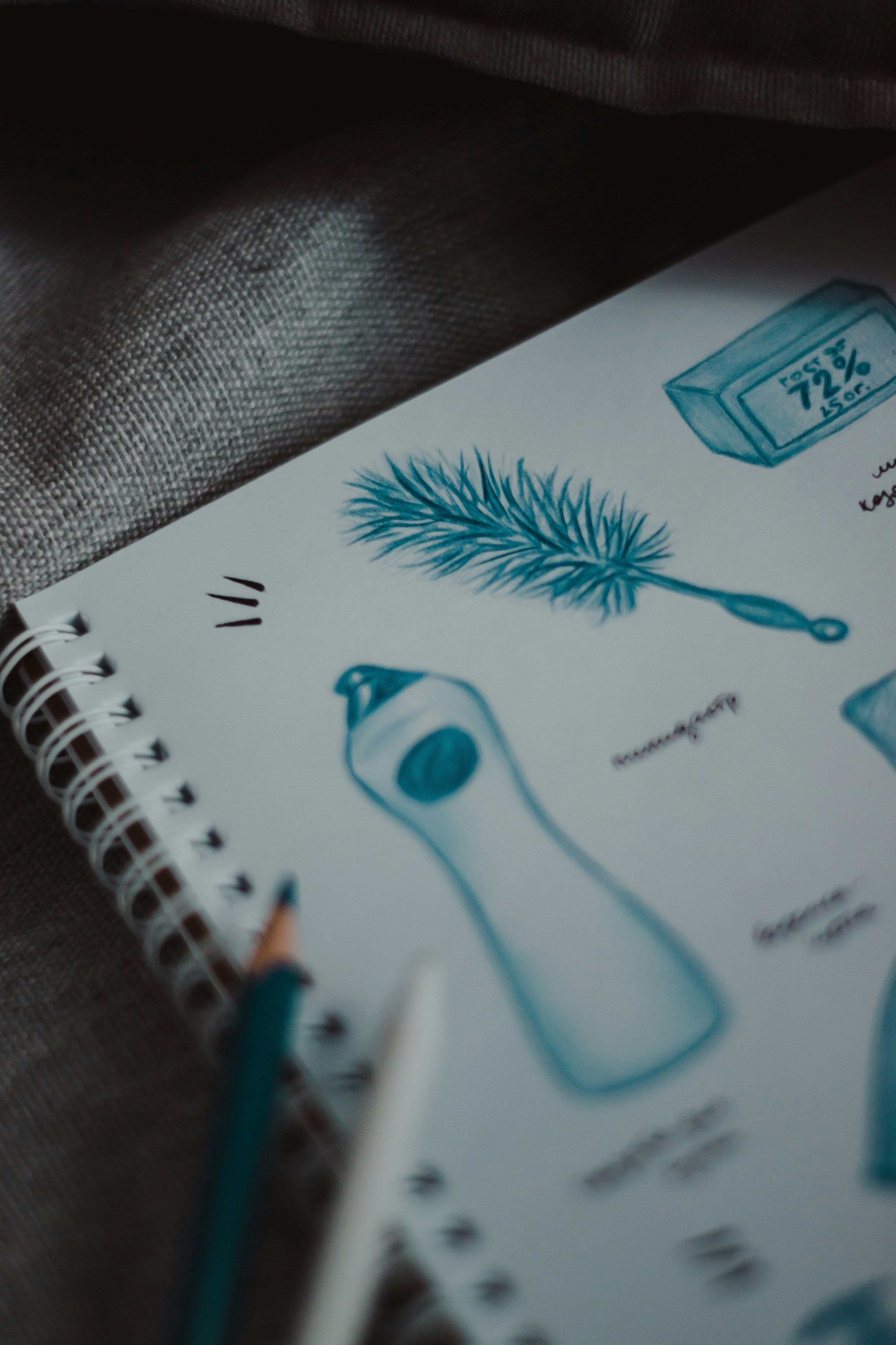 A sketchbook page with blue drawings.