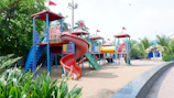 A colorful playground stands empty.