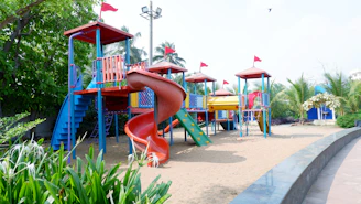 A colorful playground stands empty.