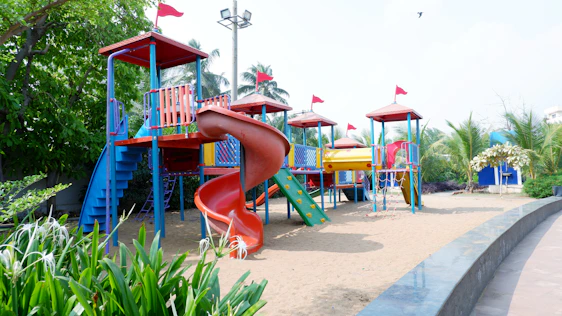 A colorful playground stands empty.