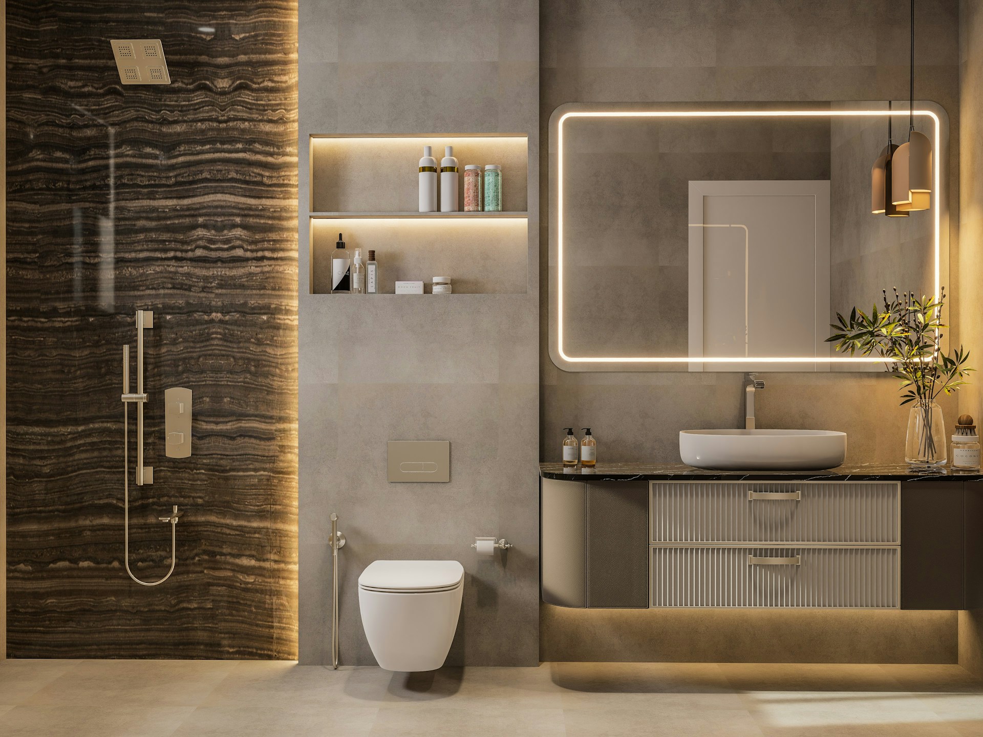 Modern bathroom design with elegant lighting.