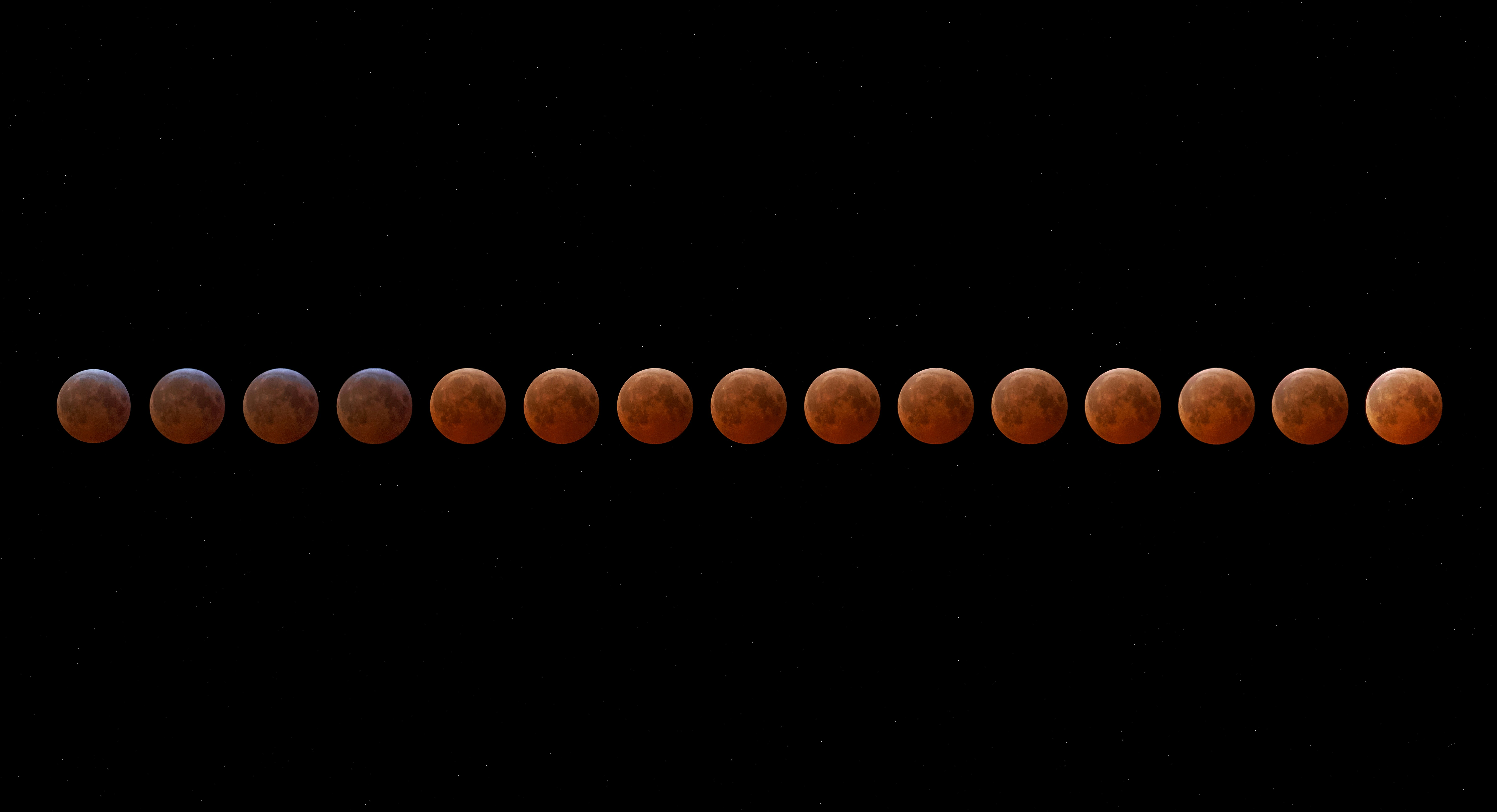 Phases of a lunar eclipse, captured over time.