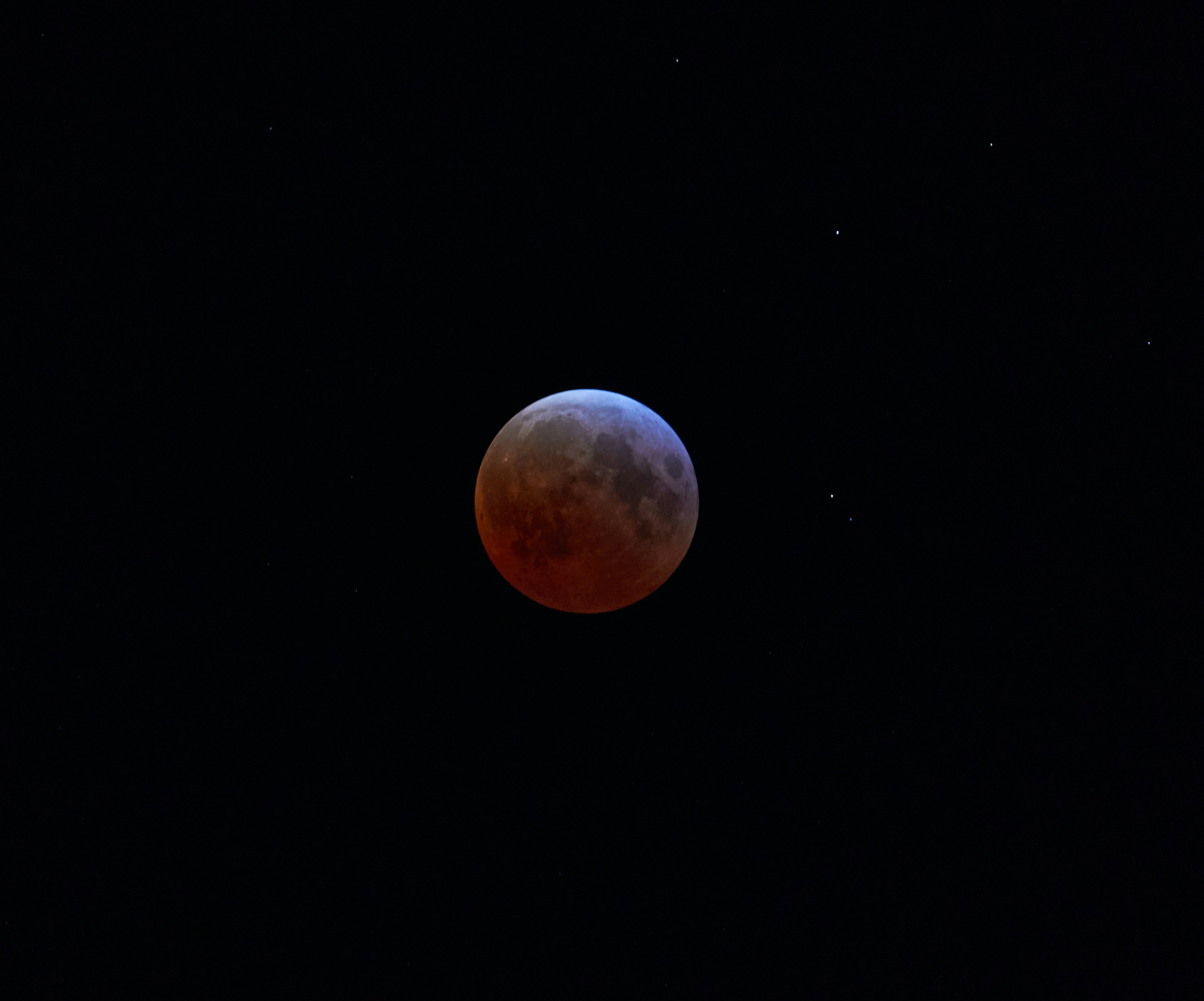 A blood moon eclipse shines in the dark sky.