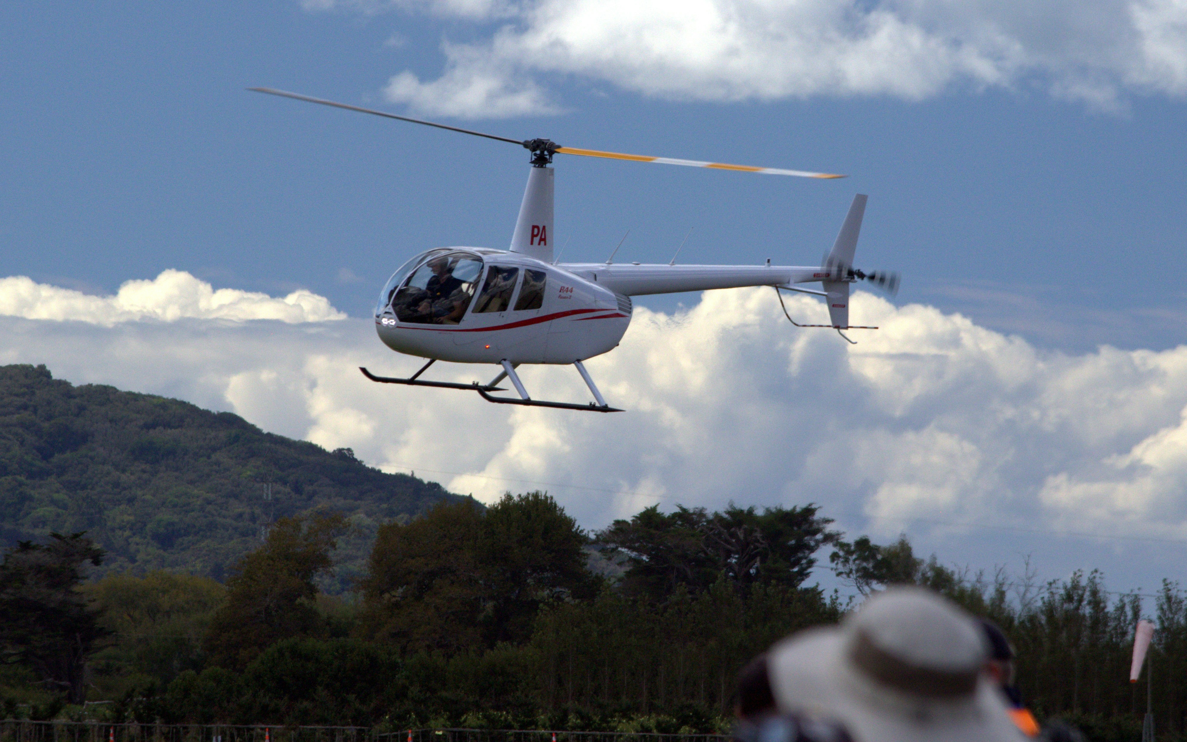 Helicopter takes off above the trees.
