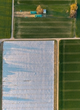 Aerial view of fields with different crops.