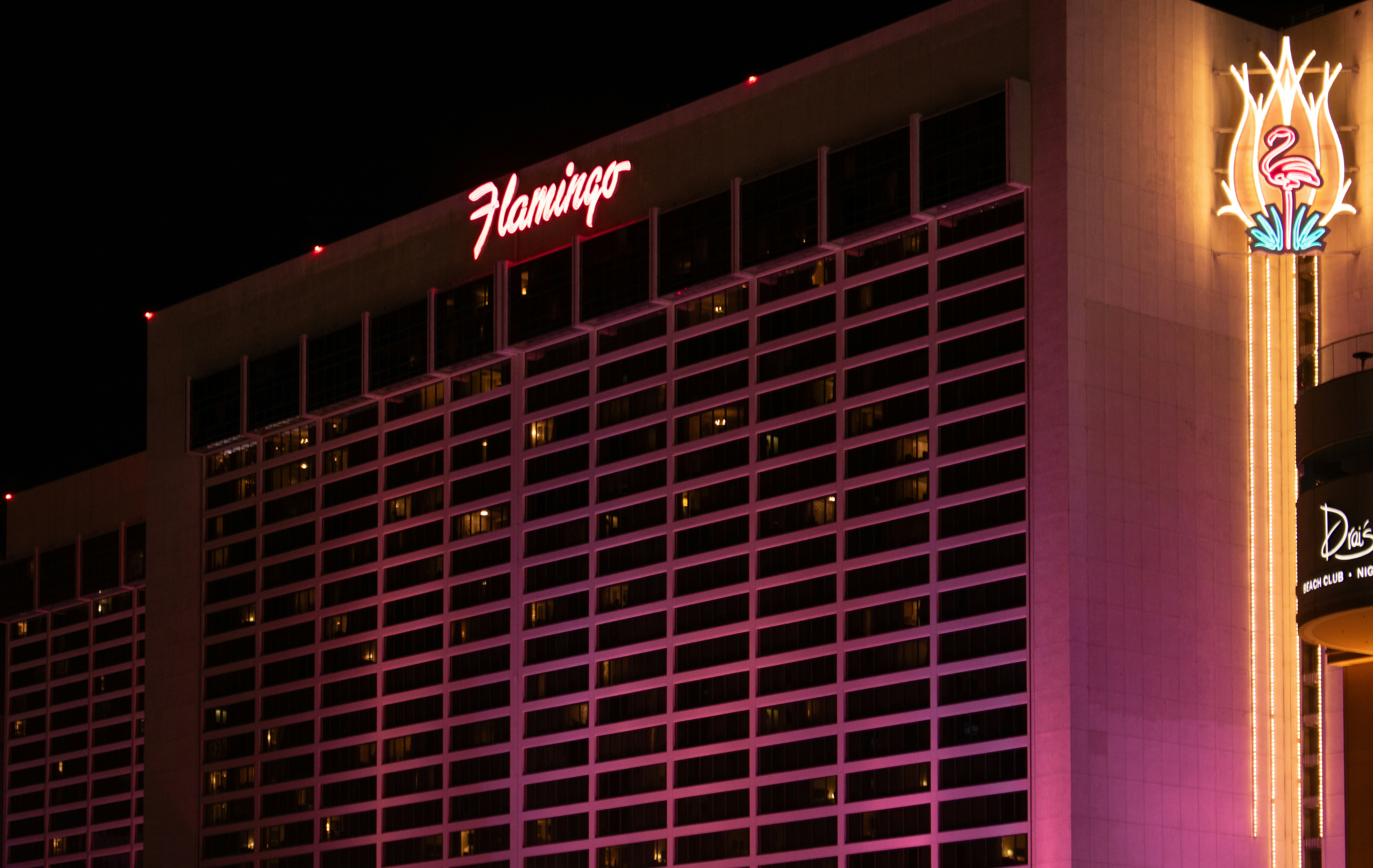 The Flamingo Hotel in Las Vegas, located on the famous Strip, is one of the city's most iconic landmarks. Opened in 1946 by gangster Bugsy Siegel, it remains a historic part of Vegas' vibrant hotel and casino scene. Known for its tropical-themed architecture and lush garden area, the hotel features a large outdoor pool, vibrant nightlife, and a casino. Its bright neon signage and central location make it a key destination for visitors seeking an authentic Vegas experience.