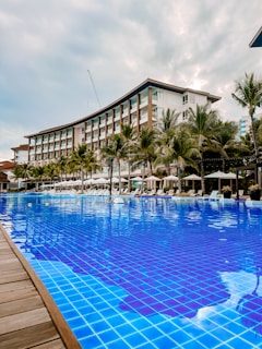 Luxury resort with a large pool.