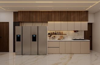 Modern kitchen with cabinetry and a large refrigerator.