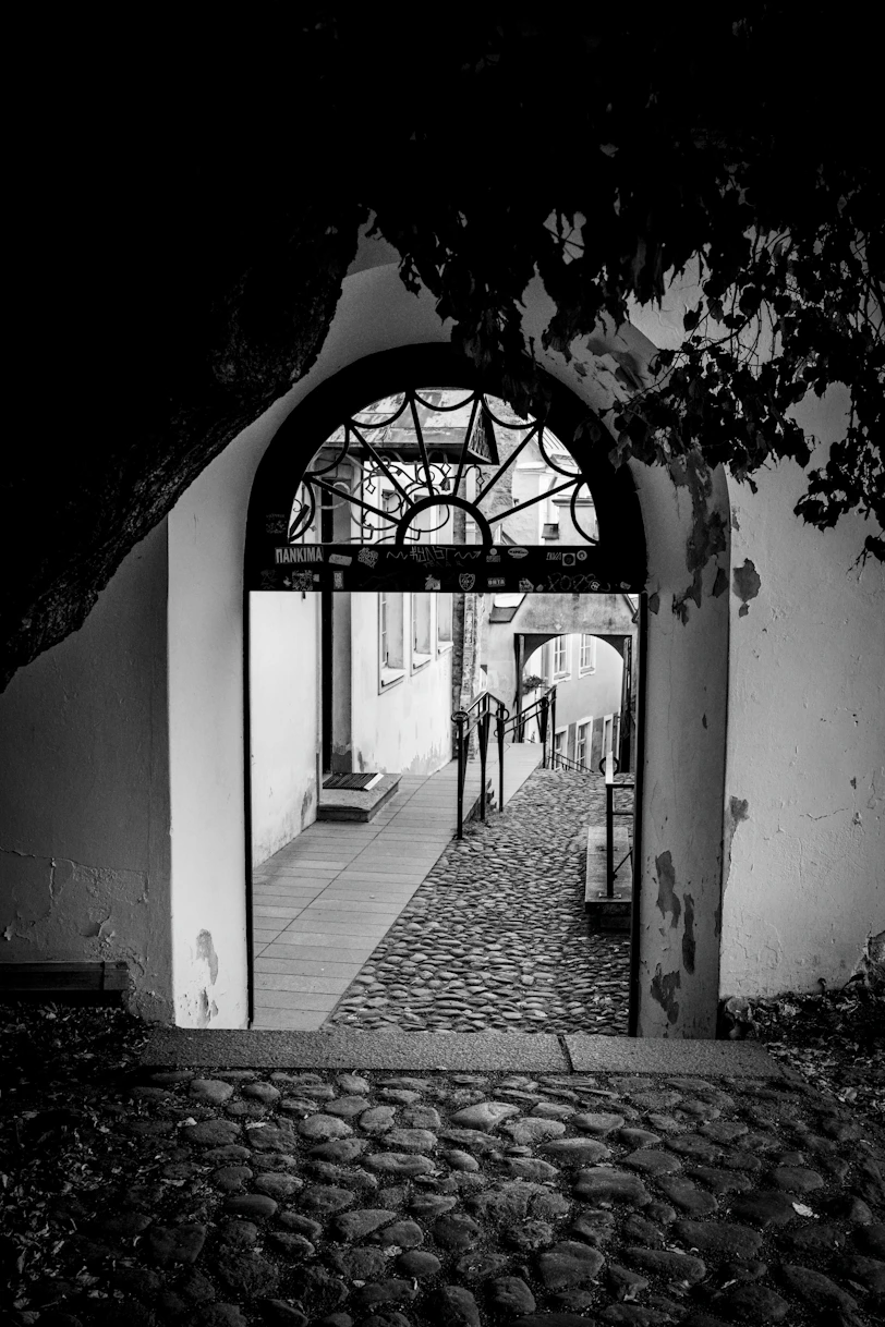 Arched gateway frames a cobblestone alley.