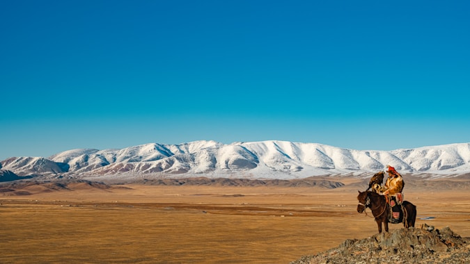 Horse rider overlooks snowy mountains and plains.