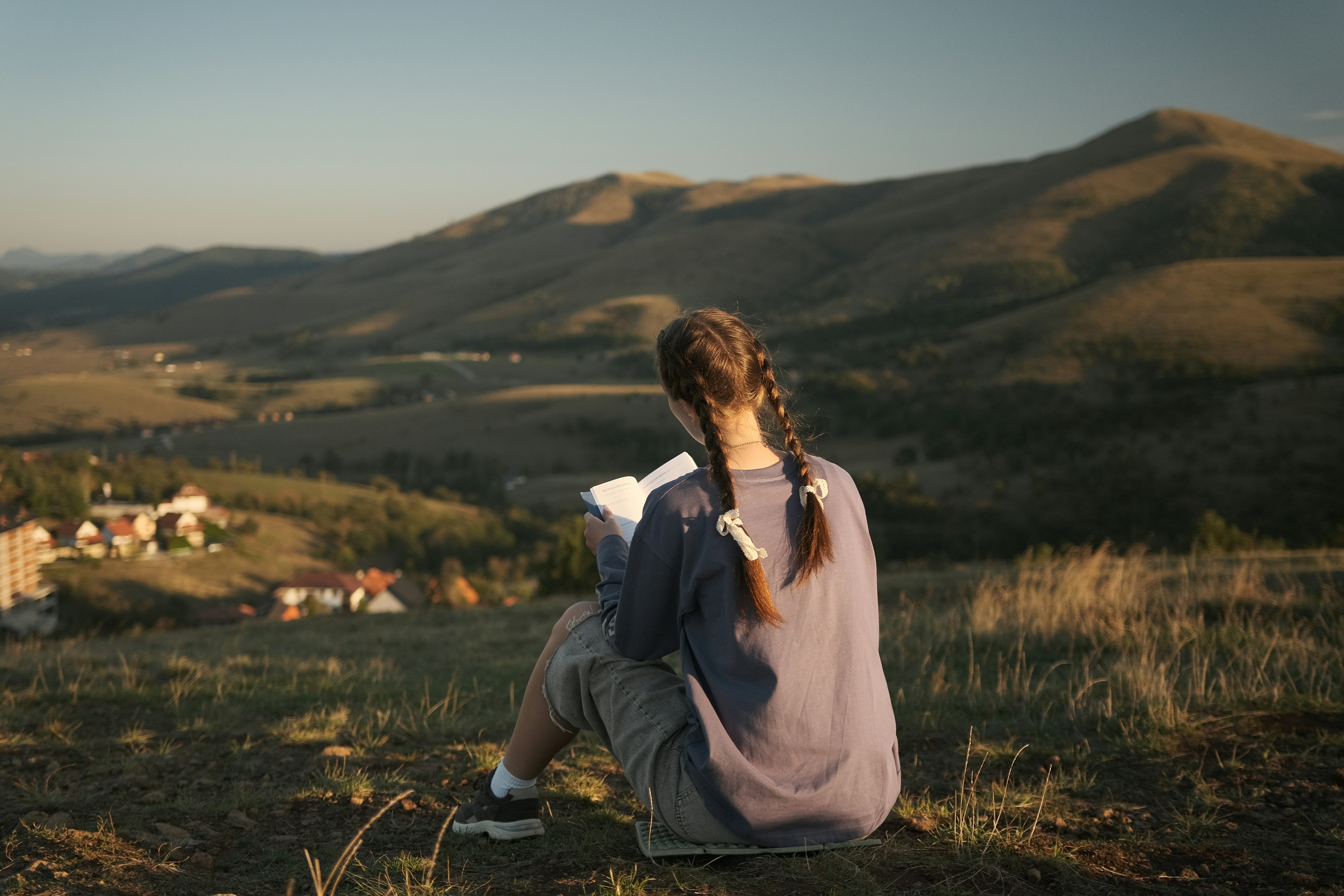 A girl reads a book overlooking a landscape.