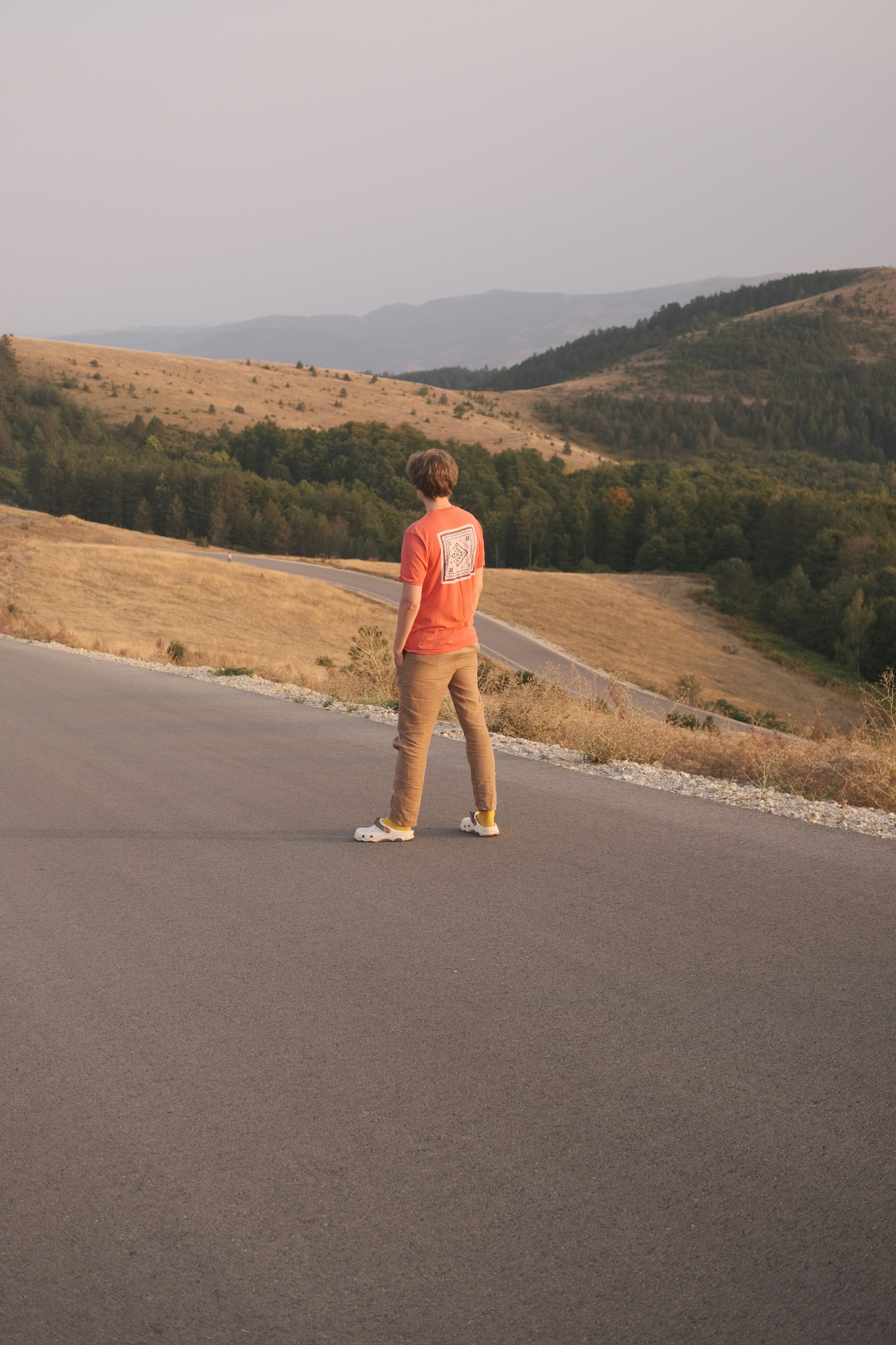 Man stands on road, observing the landscape.