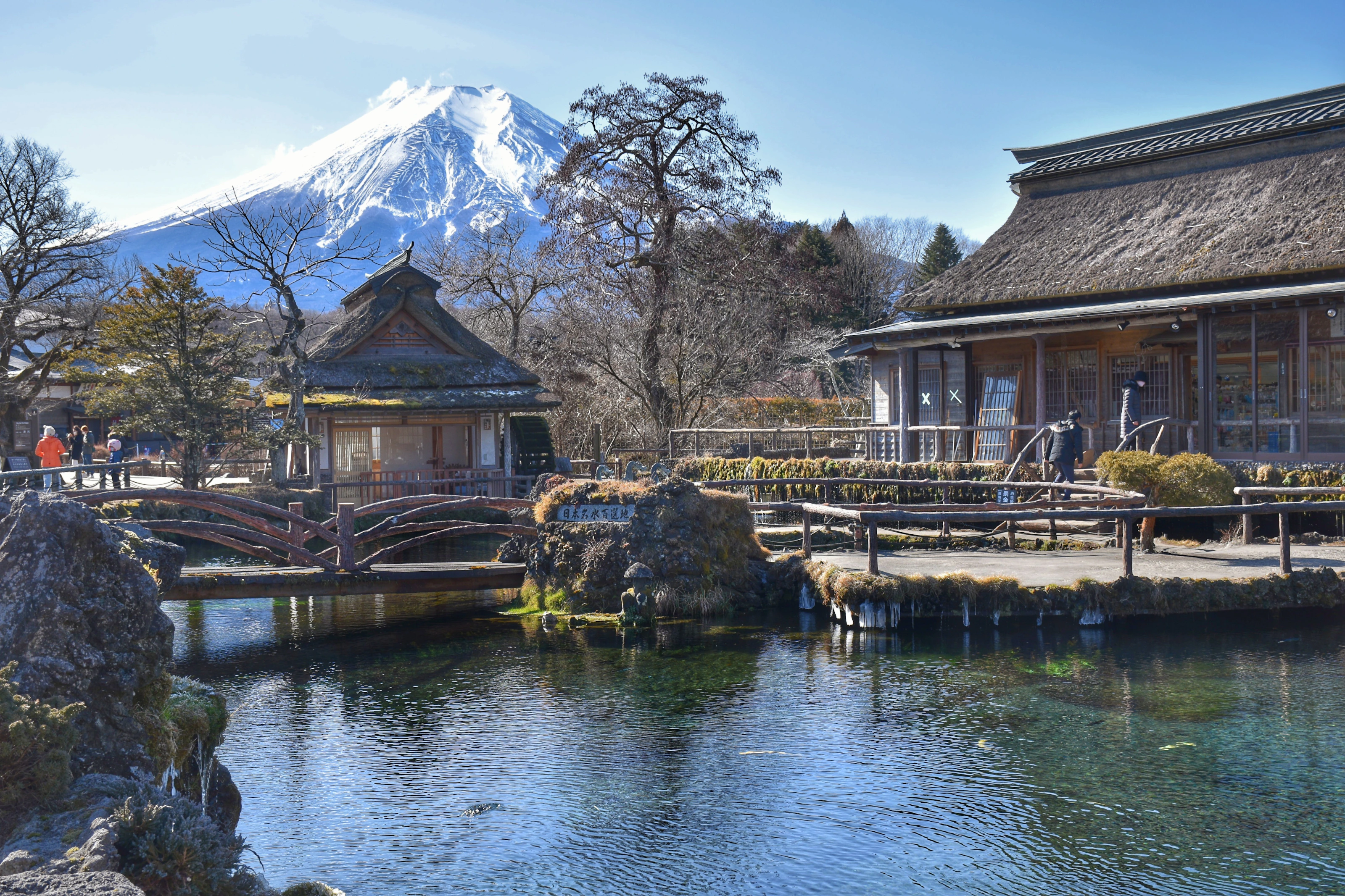 澄澈泉池、傳統茅葺屋舍與白雪覆頂的富士山，共構忍野八海的晴日風景。
