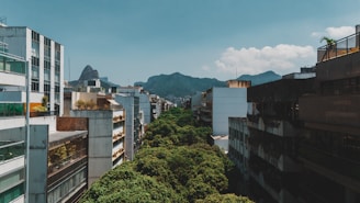 City street with mountains in the background.