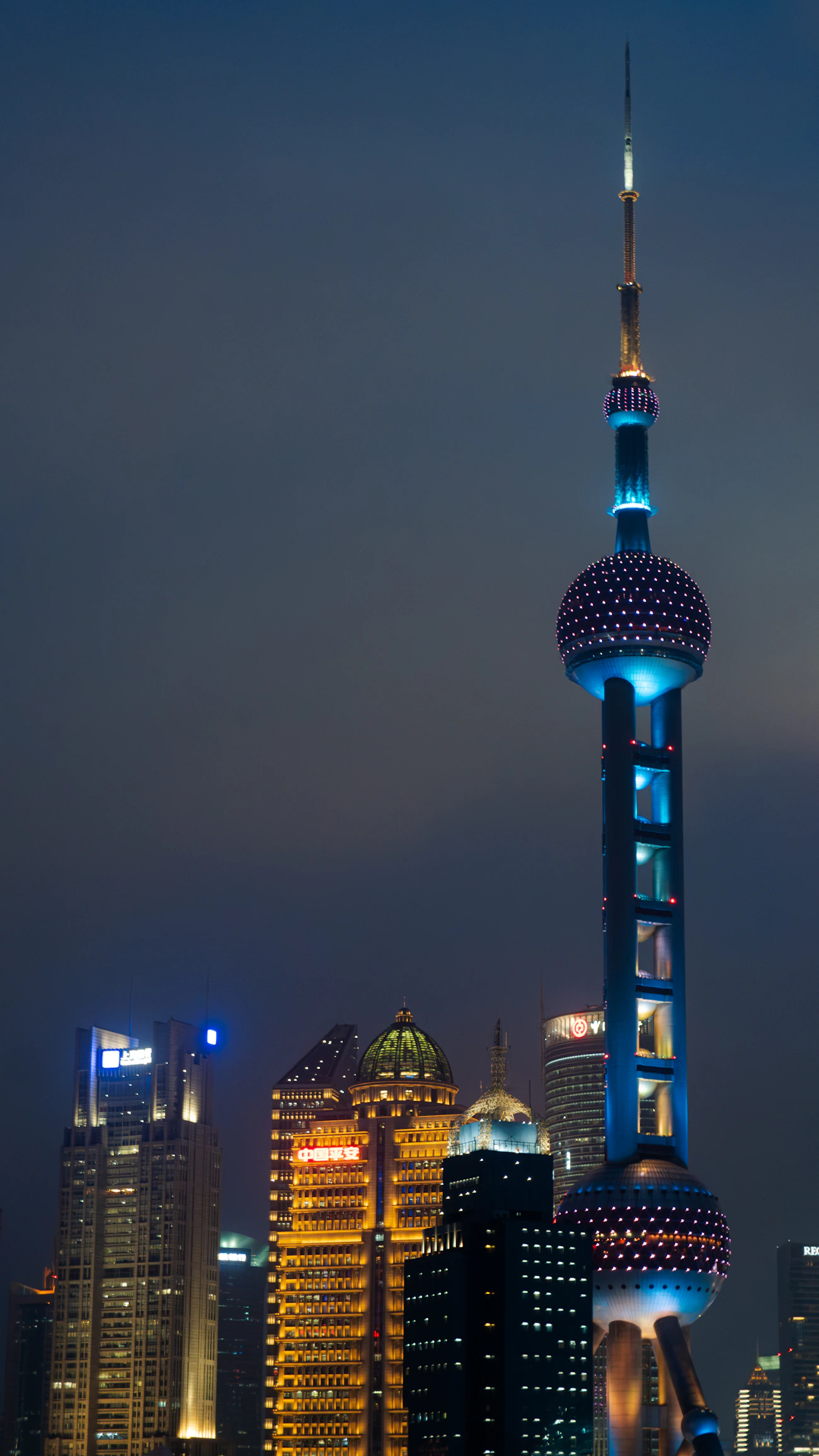 Shanghai skyline and Oriental Pearl Tower illuminated at night, China