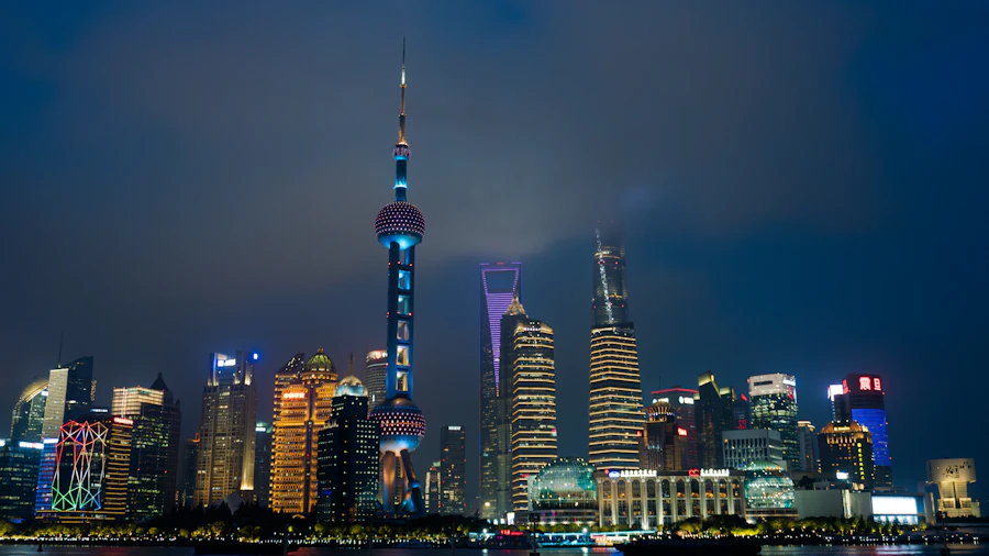 Shanghai skyline at night departure