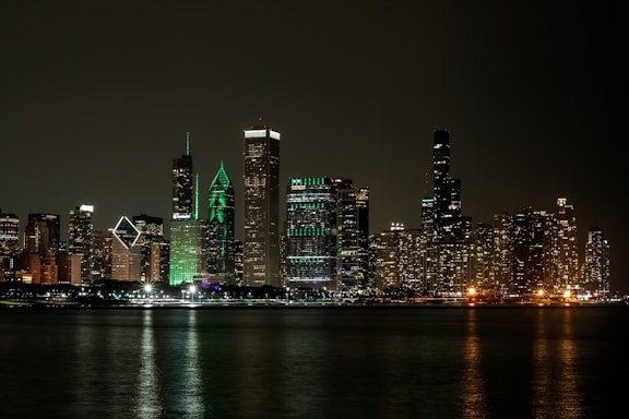 Chicago skyline illuminated at night.
