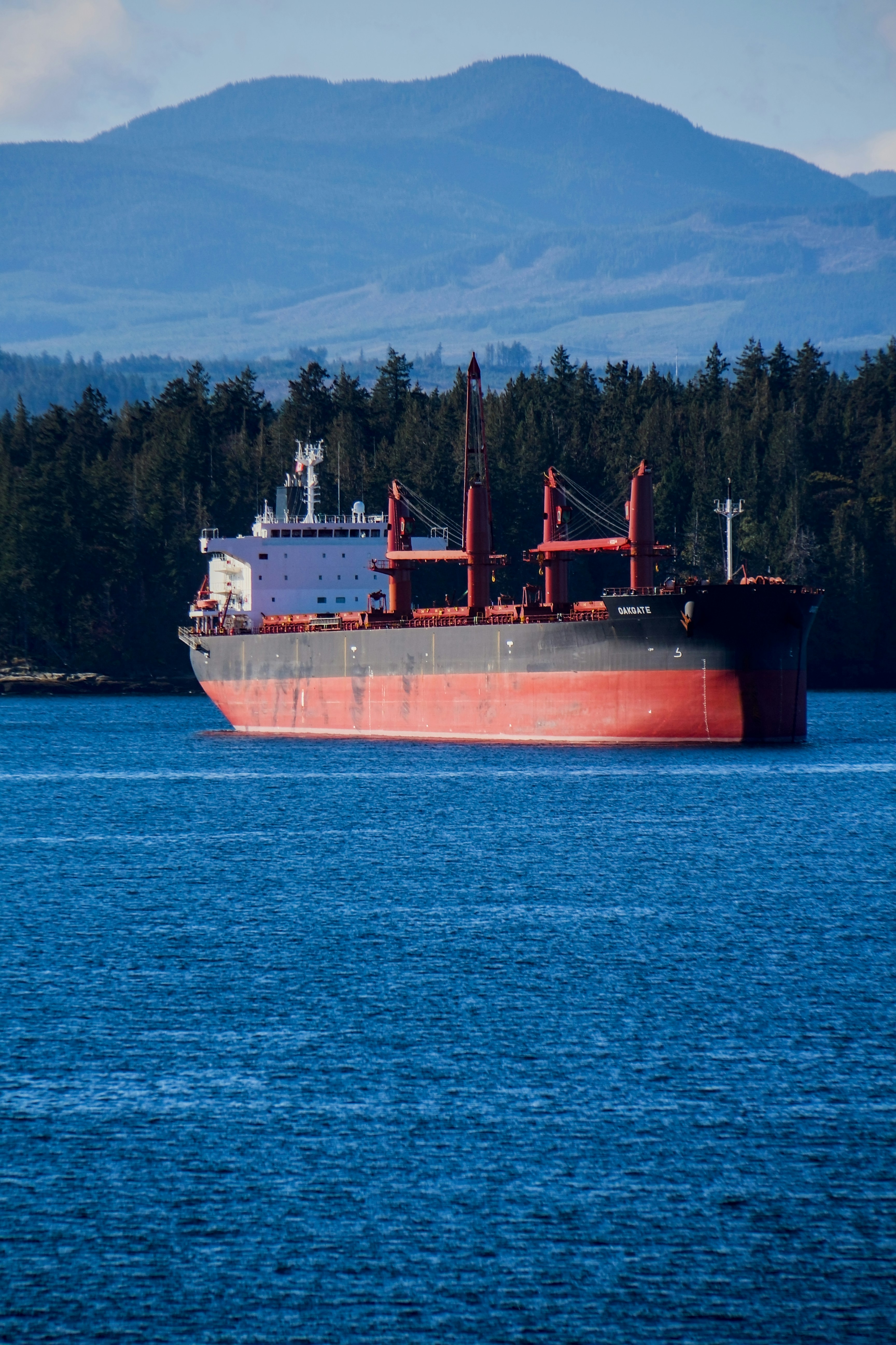 A cargo ship sails near mountains.