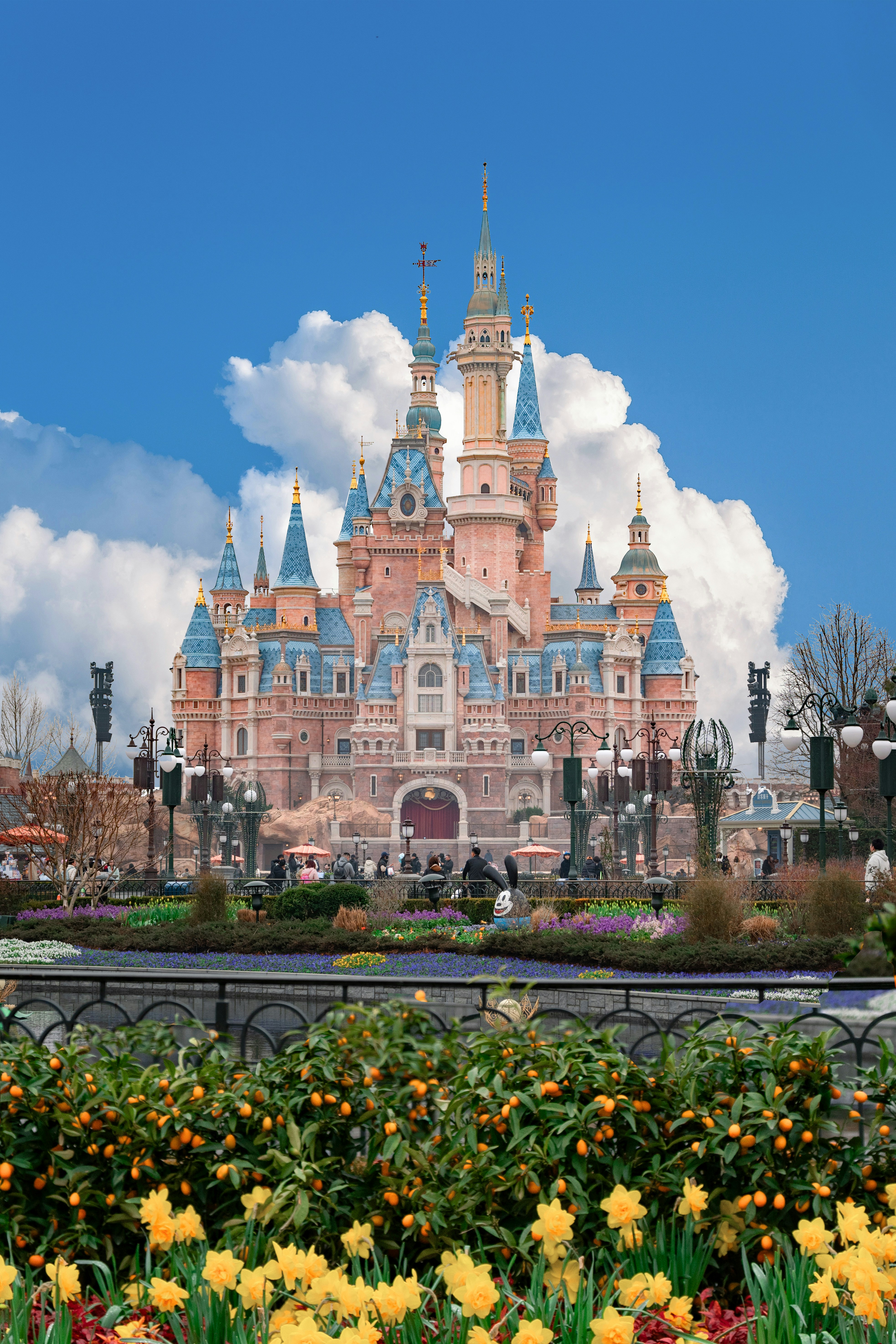 A beautiful castle stands against a cloudy sky.
