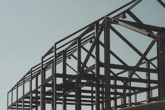 Steel skeleton of a building under construction.