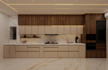 A modern kitchen has sleek cabinets and marble accents.
