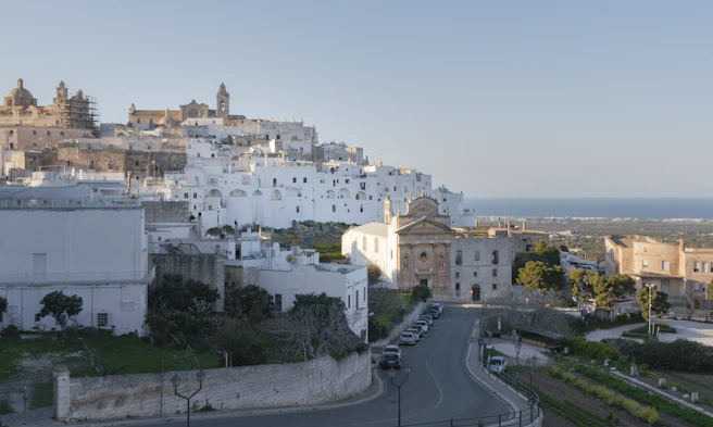 White italian town overlooking the sea.