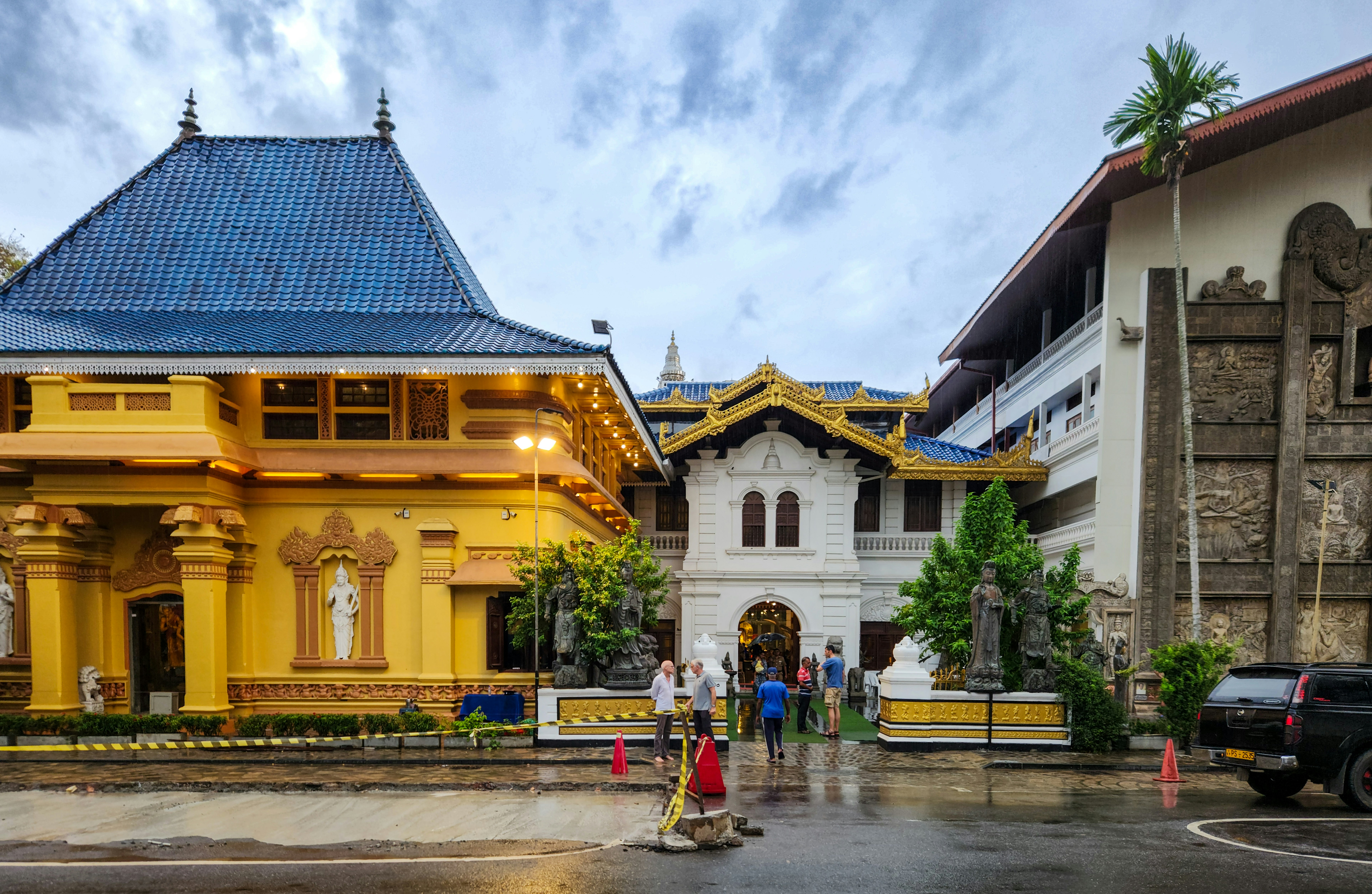 Beautiful buildings with unique architecture stand together.
