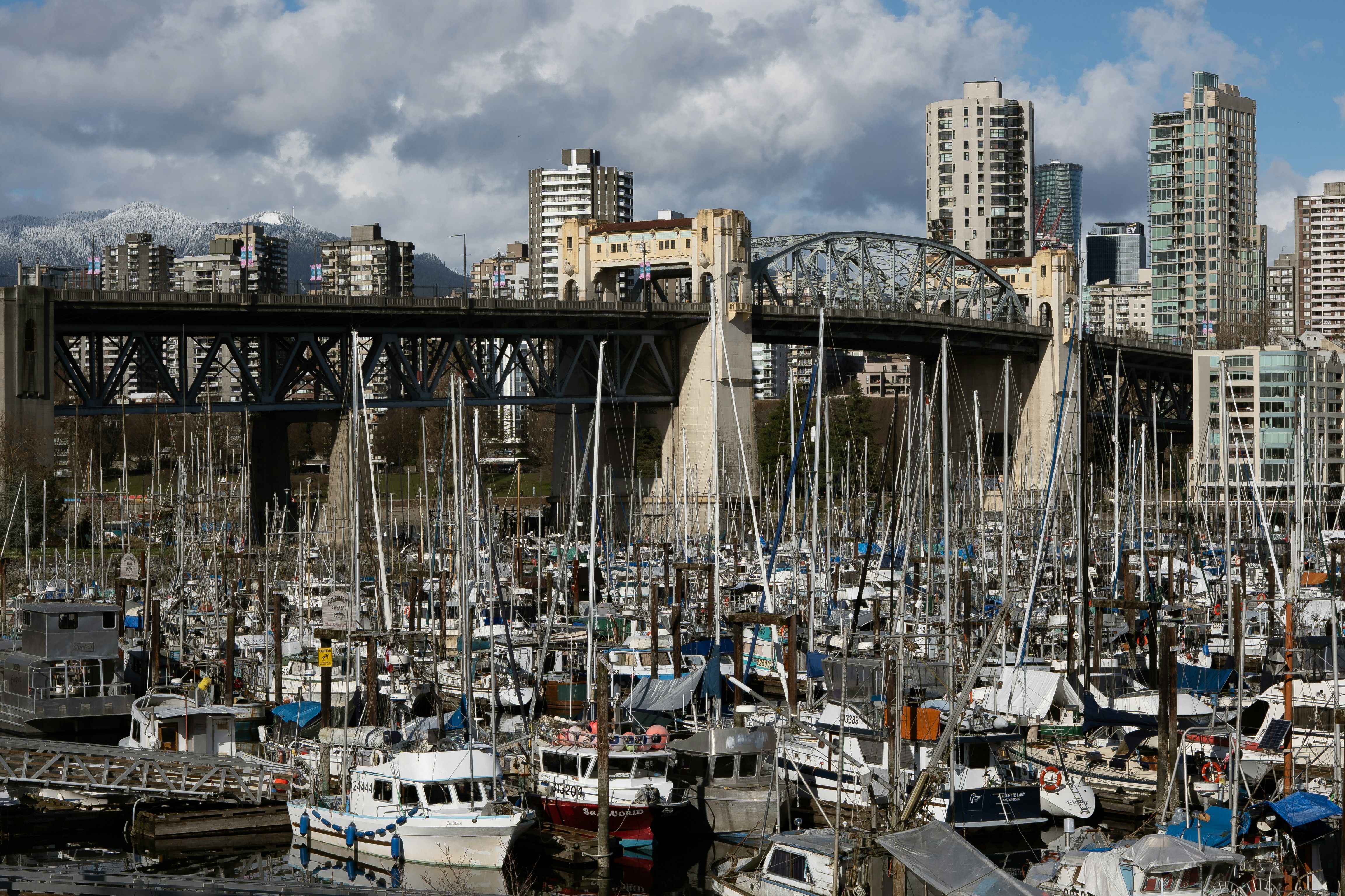Sailboats fill a harbor in front of a cityscape.