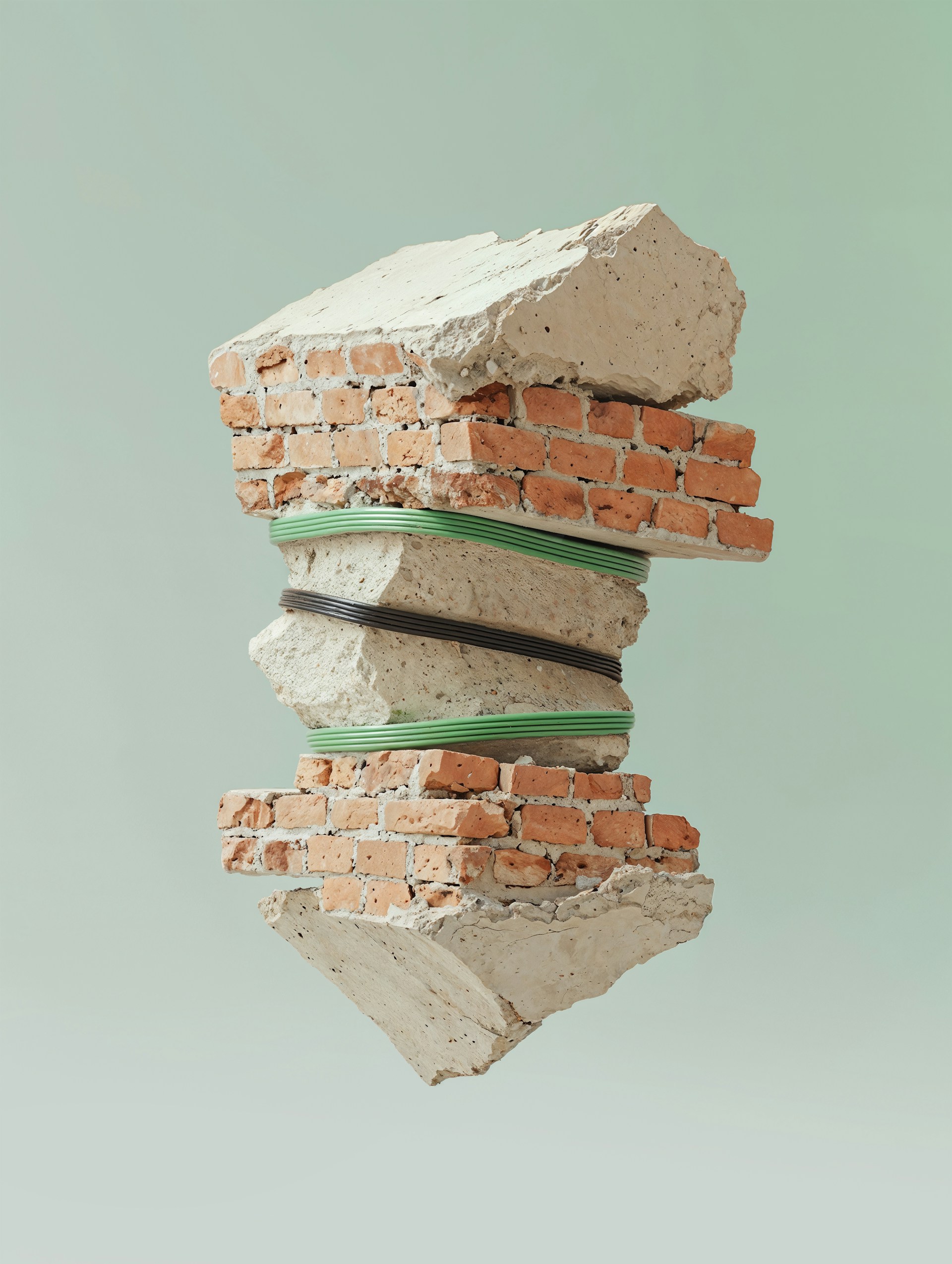 Bricks and concrete held together with bands.