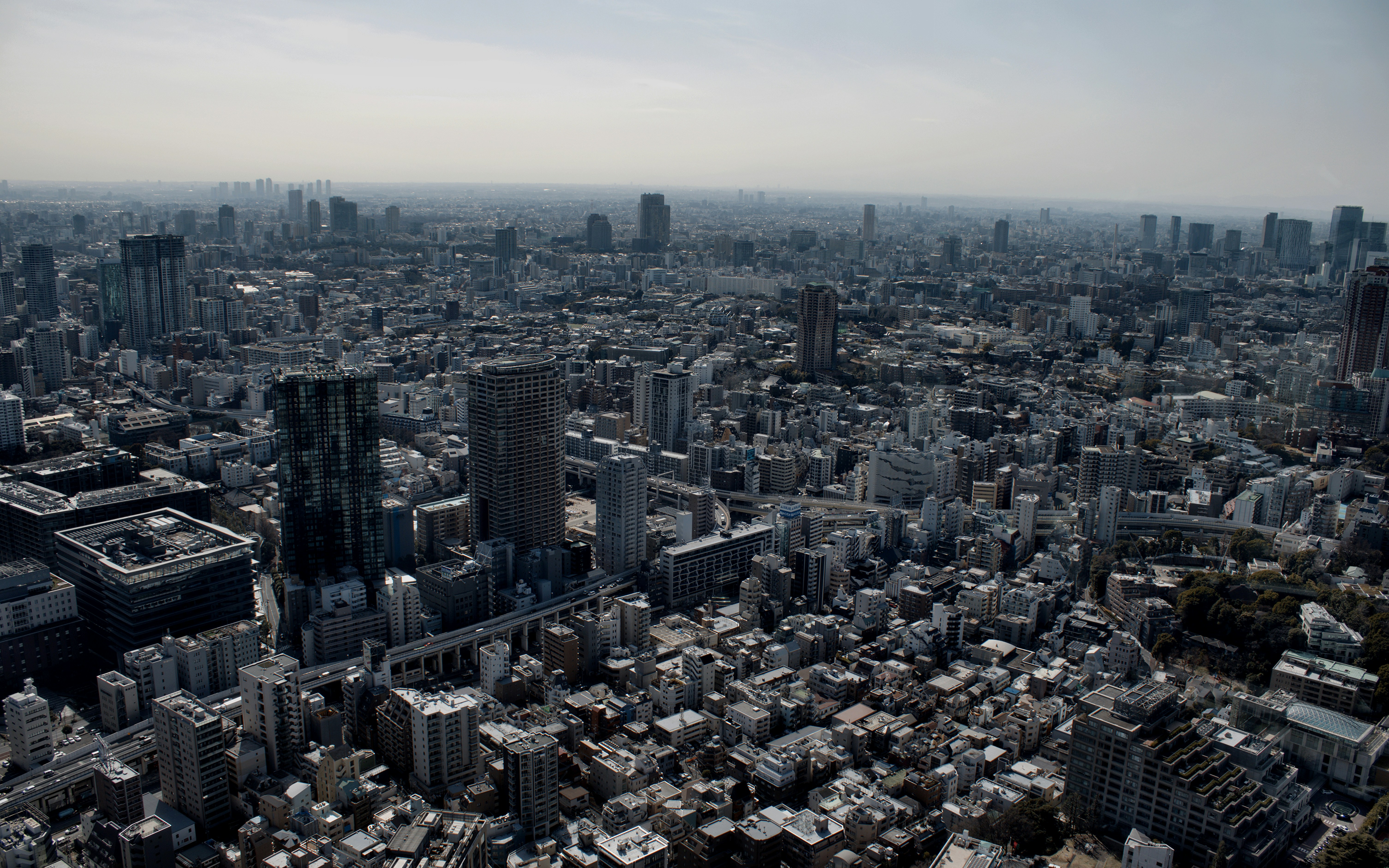 An aerial view of a dense cityscape.