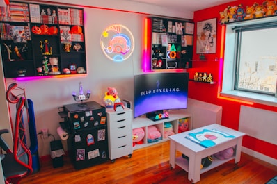 A vibrant room filled with anime and gaming decor.