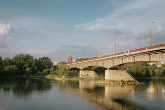 Bridge over the river reflecting in water.