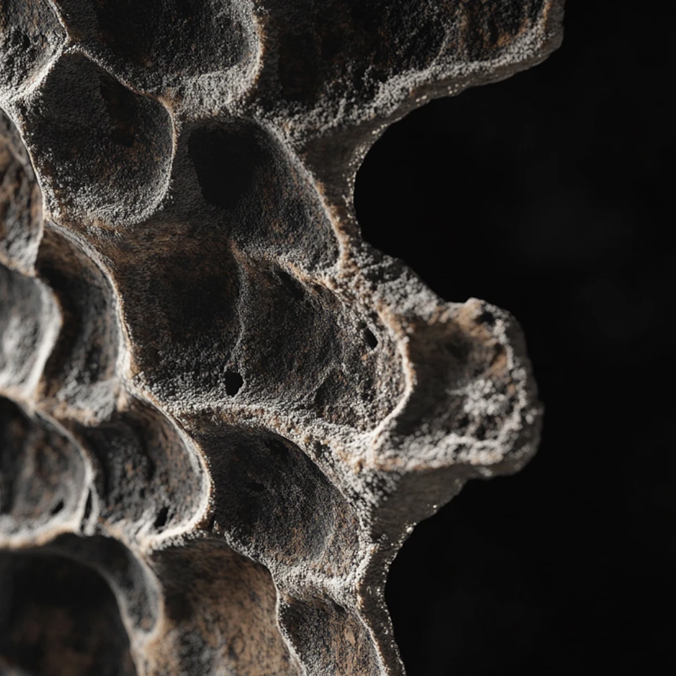 The image shows a close-up view of a rock formation with a unique texture and pattern. The rock exhibits a rough, jagged surface that appears to be composed of small, irregularly shaped stones or pebbles. The background is black, providing a stark contrast to the rock's texture and making it stand out prominently in the image.