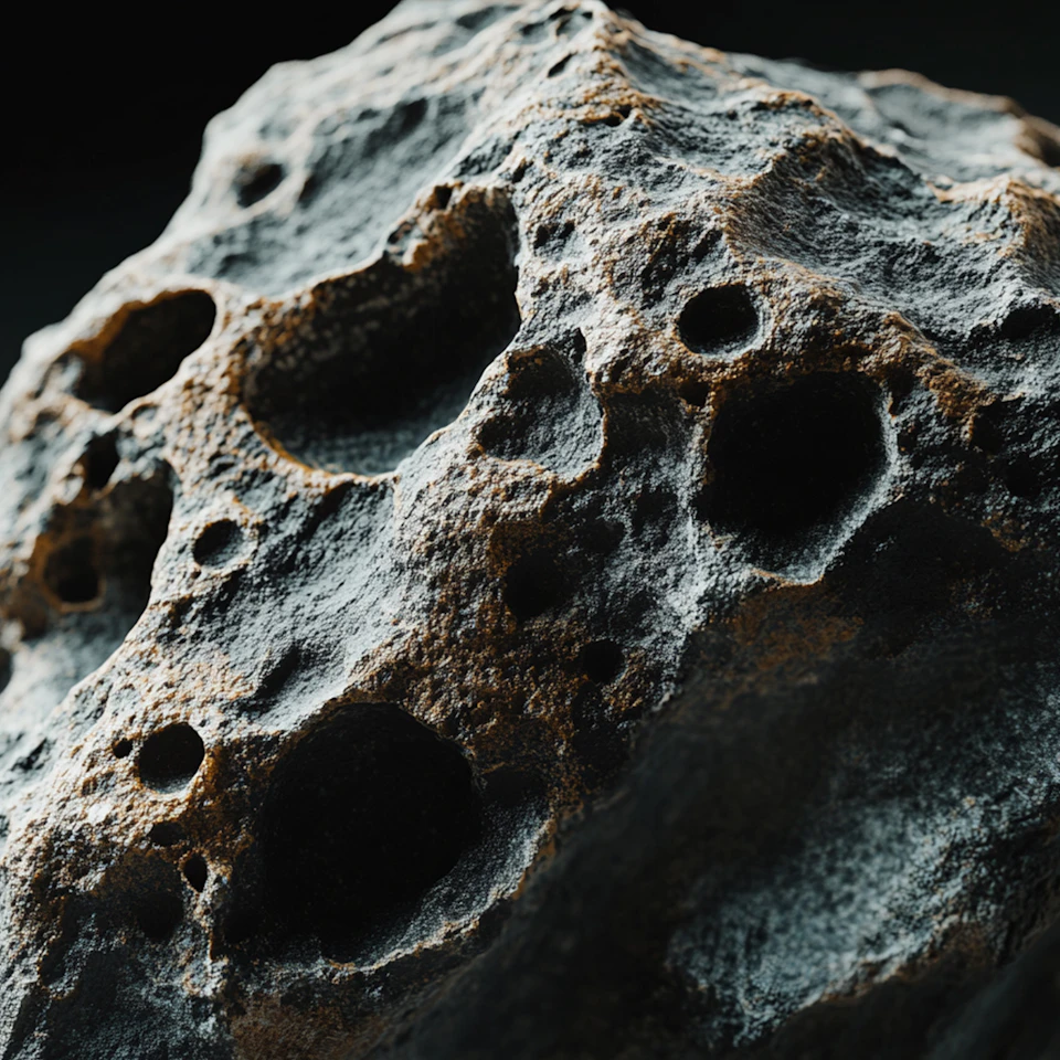 The image shows a close-up view of a large, dark gray rock with numerous holes and crevices scattered across its surface. The rock's texture is rough and uneven, suggesting it could be composed of minerals such as quartz or feldspar. The background is black, which contrasts sharply with the rock and makes it stand out prominently in the image.