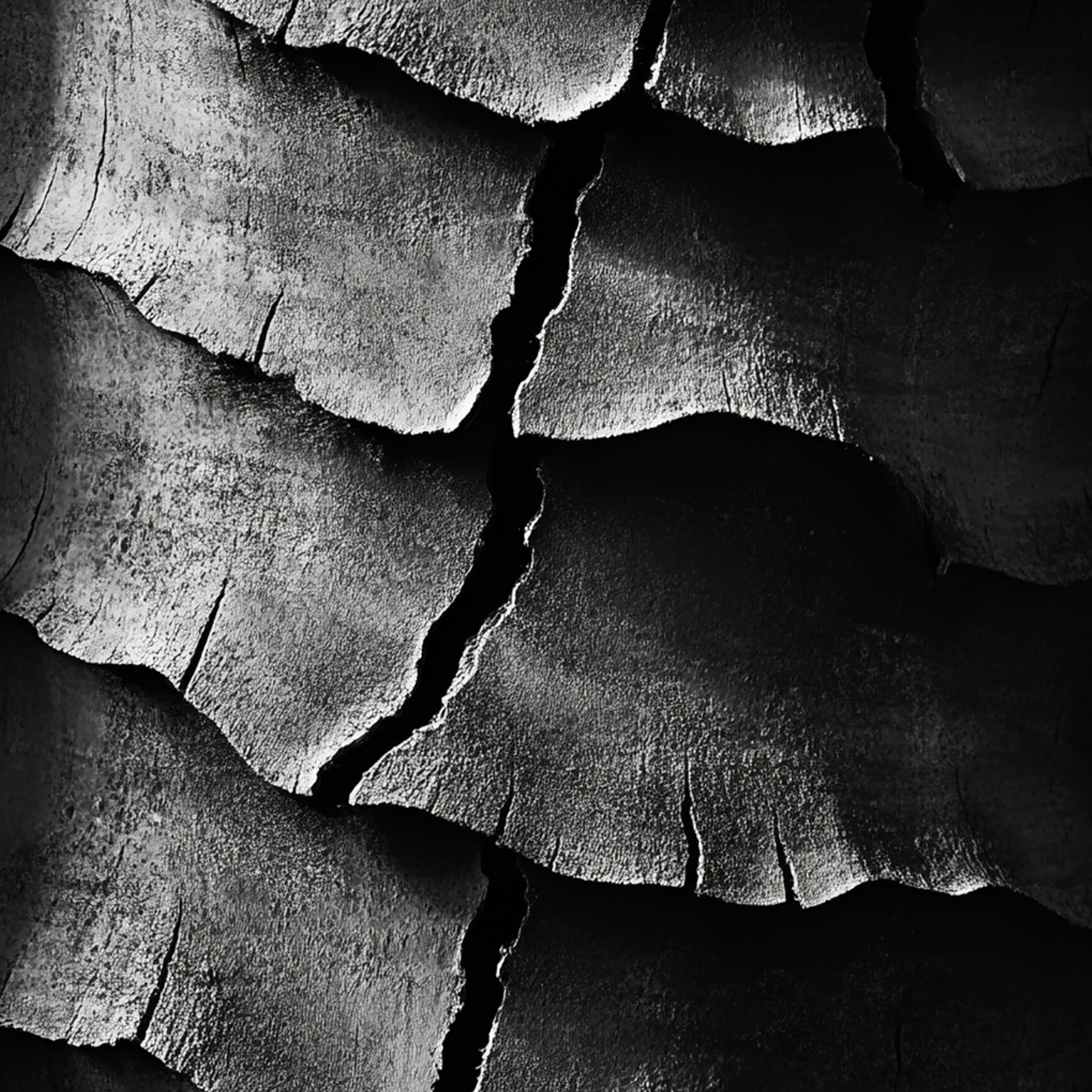 Cracked and burnt wood in black and white.